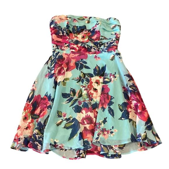 Paperdoll Strapless Floral Mini flare skater cocktail Dress Lined Back Zip 5 S - Picture 1 of 6